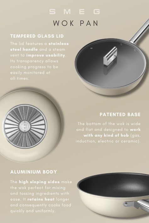 Designed and made in Italy, we've packed technology with style into our debut cookware range. Here's what our wok does things differently to others... #Smeg #SmegUK #SmegCookware #Wok #MadeInItaly #TechnologyWithStyle Smeg Cookware, Black Kitchen Accessories, Catalog Design Layout, Kitchenware Products, Industrial Design Portfolio, Infographic Design Inspiration, Luxury Card, Catalog Design, Cookware Set