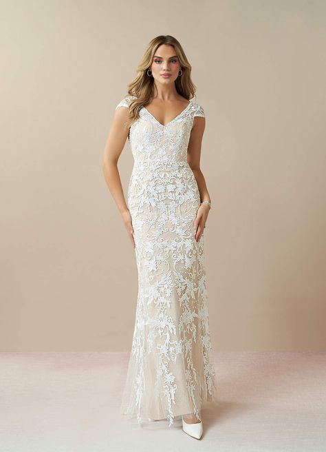 Diamond White/Champagne Azazie Devonna Sheath V-Neck Sequins Lace Floor-Length Dress | Azazie Wedding Dress Over 40, Older Bride Dresses, Boho Traditional, 2nd Wedding Dresses, Traditional Wedding Dress, Second Wedding Dresses, Bohemian Wedding Dress Lace, Floor Length Wedding Dress, White Champagne