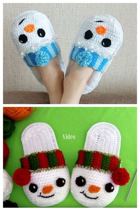 Snowman Slippers Crochet Pattern + Video Tutorial Snowman Slippers, Christmas Socks Pattern, Crochet Mittens Free Pattern, Crochet Christmas Hats, Crocheted Stuff, Crochet Bracelet Pattern, Crochet Socks Pattern, Crochet Slippers Free Pattern, Slippers Crochet