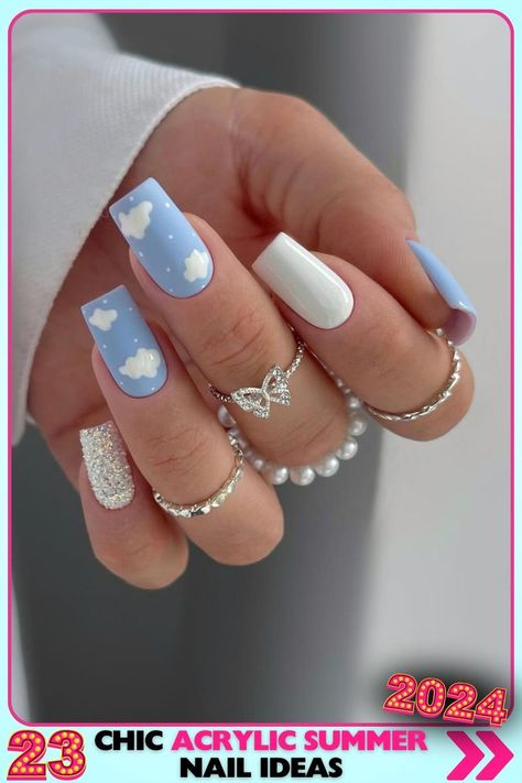 Sky blue and white coffin nails with cloud designs, using acrylic material, medium length, and matte finish. Great for relaxed summer days or romantic outings. Keywords: acrylic summer nails, sky blue nails, cloud nail art. Vibrant Nail Designs, Summer Vacation Nails, Sky Blue Nails, White Coffin Nails, Summer Nail Ideas, Blue Nail Art, Summery Nails, Vibrant Nails, Vacation Nails