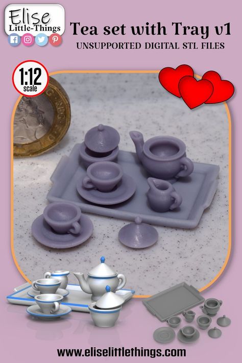 Digital STL Files, Tea set with Tray v1, Miniature dollhouse scale for 3d printer 3d Printer Miniatures, 3d Printing Miniatures, Diy Minatures, Mini Tea Set, 3d Ideas, Mini Doll House, 3d Printer Projects, Print Ideas, Dollhouse Kitchen