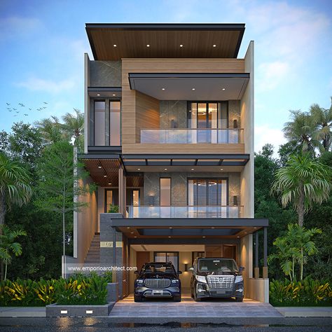 "1871st Design" . This house design is owned by our client in West Jakarta. This modern style house looks stunning with a classy impression. Featuring luxurious materials such as marble and dominant wood. Now the atmosphere of the house feels fresher with openings that are designed wide, so that natural light and air are obtained optimally. . The 3rd design of September, 245th design of year 2023, 1871st design overall Our Portfolio : Mr. YDH 1871 Modern House 3 Floors Design - Jakarta Barat ... House 3 Floors, Mediterranean House Design, Small House Design Architecture, 3 Storey House Design, Emporio Architect, Bali House, Classic House Design, Latest House Designs, Duplex House Design