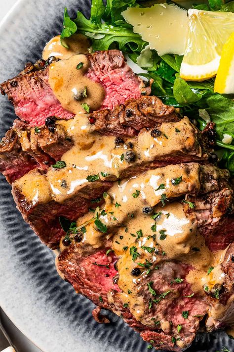 Steak au poivre, or pepper steak, is juicy sautéd filet mignon crusted with cracked pepper and served with a boozy cognac and cream pan sauce. Oven Grilled Steak, Au Poivre Sauce, Cream Pan, Summer Meal Plan, Steak Ideas, Ham Gravy, Mushroom Sauce Steak, Smothered Steak, Duck Food