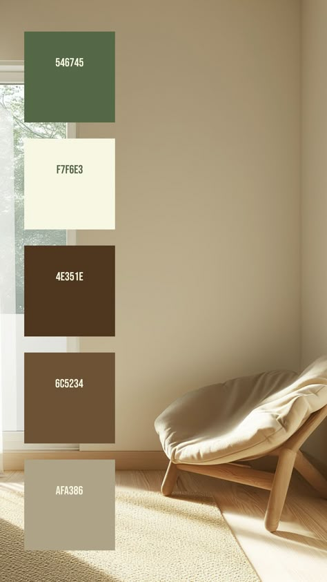 Colors:
546745
F7F6E3
4E351E
6C5234
AFA386 Earth Colour Palette, Disney Minimalist, Contemporary Color Palette, Beige Cushions, Contemporary Interior Design, Natural Tones, Minimalist Interior, Dream House Decor, Color Pallets