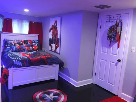 Spiderman Room Ideas Theme Bedrooms, Kid Boy Room Ideas, Son Room Ideas, Spiderman Themed Room, Spider Man Toddler Room, Spider Man Bedroom Ideas Little Boys, Avenger Bedroom Ideas, Kids Boy Room Ideas, Spiderman Bedroom Ideas Kid Rooms