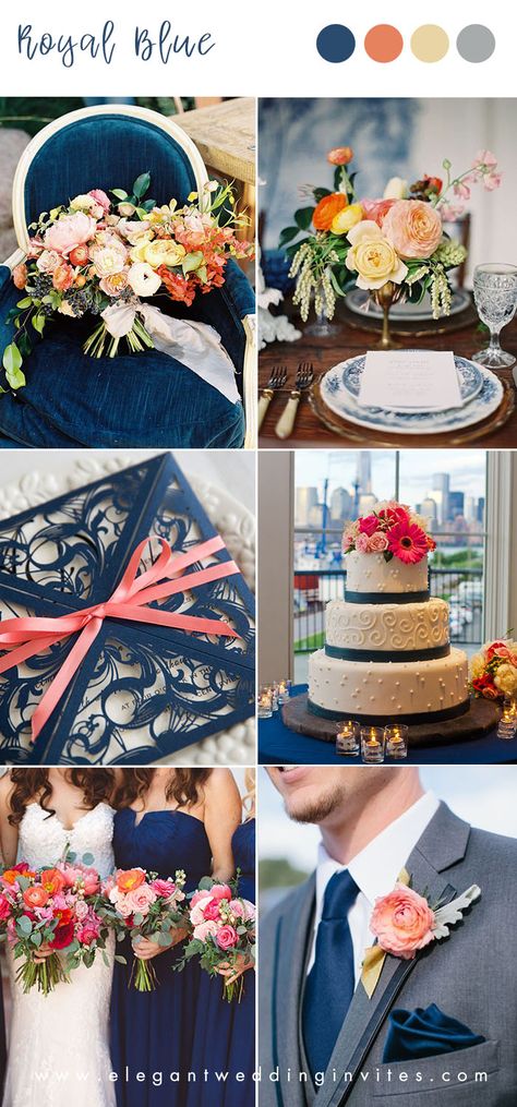 Navy Blue And Sunset Orange Wedding, Royal Blue Color Scheme Wedding, Navy And Colorful Wedding, Royal Blue Color Palette Wedding, Royal Blue Wedding Color Schemes, Royal Blue Wedding Palette, Royal Blue Wedding Color Palette, Royal Blue And Yellow Wedding Theme, Sapphire Blue Wedding Theme