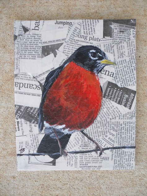 Robin is a guy's name too - original painting 8x10 robin on newspaper background - Yesterday's news series feathered friends. $55.00, via Etsy. Newspaper Drawing, Newspaper Canvas, Newspaper Background, Newspaper Collage, Mix Media, Canvas Drawings, Art Theme, Mixed Media Artwork, Abstract Canvas Art