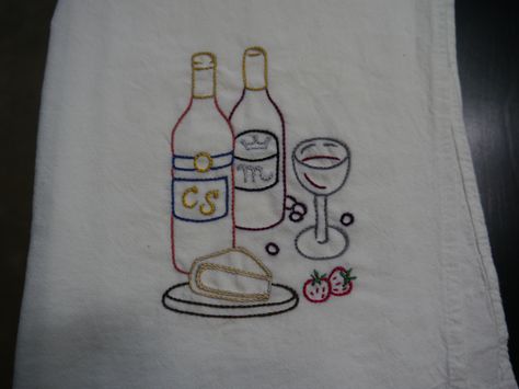 Embroidered wine and cheese dishtowel Embroidery For Kids, Thread Ideas, Embroidery Kitchen, Stitch Sewing, Wine And Cheese, Kitchen Humor, Making Things, Embroidery Cross Stitch, Hand Embroidery Patterns