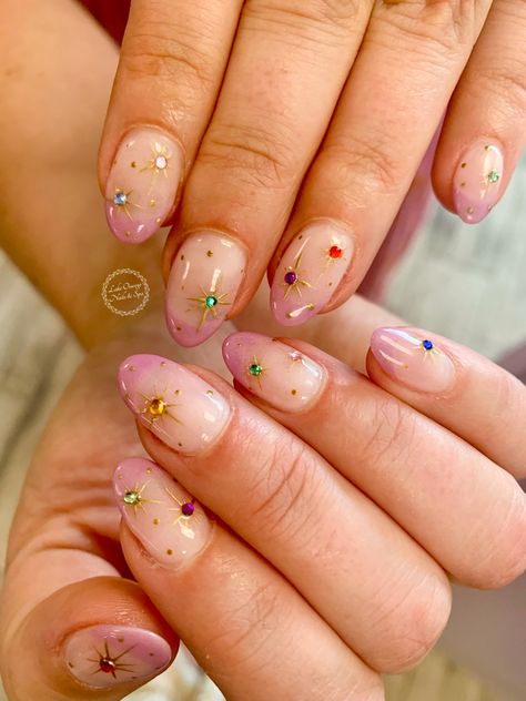 Quirky French Tip Nails, Whimsical Nails Short, Colorful Wedding Nails, Short Maximalist Nails, Starburst Nails, Celestial Nail Art, Bejeweled Nails, Summer Nails 2023, Nails Art Designs