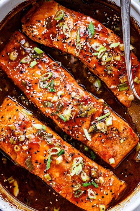 Baked Teriyaki salmon - #teriyaki #salmon #recipe #eatwell101 - The ultimate healthy, low carb salmon recipe ready in minutes! Baked salmon is crispy on the outside and full of wonderful, savory-sweet Teriyaki flavor! - #recipe by #eatwell101® Teriyaki Salmon Pan Seared, Easy Salmon Teriyaki Recipe, Teriaki Salmon, Teriyaki Salmon Stovetop, Low Carb Salmon Recipes, Salmon Marinade Recipes, Terriyaki Salmon, Salmon Recipes Oven, Baked Teriyaki Salmon