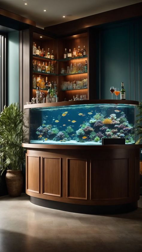 Home Bar Aquarium Design: Underwater Decorations, Aquarium Bar, Turtle Homes, Wall Aquarium, Cocktail Theme, Indoor Water Garden, Sophisticated Home, Trendy Bar, Building House Plans Designs