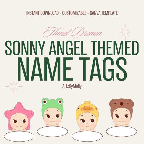 Sonny Angel Themed Name Tags for RAs and Teachers 💕✨ Add a touch of whimsy and personality to your college resident hall or school setting with my Sonny Angel-themed name tags! Perfect for RAs, teachers, or any school staff, these tags feature 50 unique, hand-drawn illustrations by myself. Each design reflects the charm of Sonny Angels, a collectable favorite among Gen Z. This digital download includes a Canva template that allows you to easily customize names and details. Simply download the file, edit your tags in Canva, and print them out to create delightful decorations that make a lasting impression. Please note, this is a digital product--no physical item will be shipped. Transform your space with these one-of-a-kind name tags today!  Product details: The canva template is set up wi Tag Names Ideas, Gen Z Teacher, Ra Name Tags, Dorm Name Tags, Cute Name Tags, Name Tag Ideas, Angel Door, Door Decorations College, Senior Year Fun