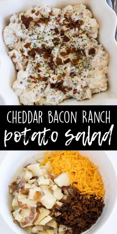 Loaded cheddar ranch potato salad made with red skin potatoes is a great addition to any main course. Easy to make ahead of time! With creamy ranch dressing and bacon, it will please any family. Loaded cheddar ranch potato salad will become a common side dish to your table. Bacon Ranch Potato Salad, Ranch Potato Salad, Bacon Ranch Potatoes, Creamy Ranch Dressing, Red Skin Potatoes, Creamy Ranch, Potato Salad Recipe, Light Bites, Bacon Ranch