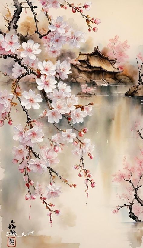 Japanese Cherry Blossom Trees, Flower Landscape Painting Acrylic, Watercolor Chinese Art, Cherry Blossom Watercolor, Asian Flowers, Cherry Blossom Painting, Spring Watercolor, Japan Painting, Chinese Art Painting