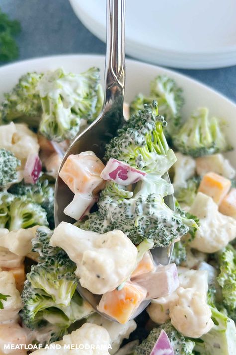 This easy Broccoli Cauliflower Salad Recipe with a homemade creamy dressing is the perfect side dish for family gatherings or a potluck dinner. A delicious side salad that goes well with almost any main dish! Lake Snacks, Broccoli Cauliflower Salad Recipes, Recipe Meatloaf, Cauliflower Salad Recipe, Warm Salads, Dressings Recipes, Salad Broccoli, Salad Italian, Suncatchers Diy