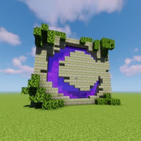 A Minecraft nether portal shaped like a crescent moon. Moon Nether Portal Minecraft, Moon Village Minecraft, Moon Portal Minecraft, Moon Statue Minecraft, Cool Nether Portal Designs Minecraft, Minecraft Building Ideas Moon, Nether Portals Minecraft, Crescent Moon Minecraft, Moon Themed Minecraft Builds