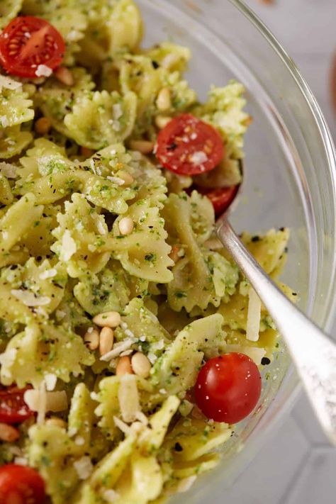 Whip up a mouthwatering bow tie pasta salad with basil pesto in no time. This recipe is packed with fresh basil and spinach and of course garlic and pine nuts. Add some cherry tomatoes for an ideal summer salad. Perfect for busy cooks, you can have it on the table in less than 30 minutes! Basil Pesto Bowtie Pasta Salad, Bow Tie Pesto Pasta Salad, Vegetarian Pastas, Pasta Salad With Basil, Tomato And Basil Pasta, Pine Nuts Pasta, Bow Tie Pasta Salad, Lemon Basil Pasta, Basil Pasta Salad