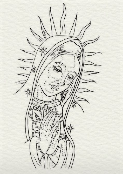 Easy Virgencita Drawing, Virgin Mary Tattoo Stencil, Virgin Mary Tattoo Design, Virgen Mary Tattoo, Guadalupe Tattoo, Virgin Mary Tattoo, Mary Tattoo, Tattoo Outline Drawing, Chicano Drawings