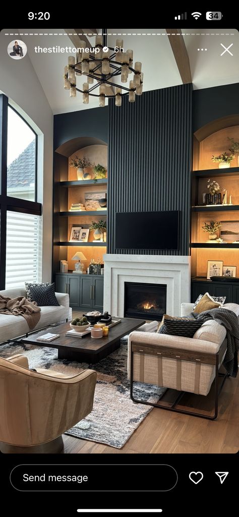 Black Accent Wall With Built Ins, 2 Story Living Room Tv Wall Ideas, Fireplace In Dining Room Ideas, Fireplace Paneling Wall, Fireplace In Dining Room, Living Room Tv Wall Ideas, 2 Story Living Room, Room Tv Wall Ideas, Black Accent Wall