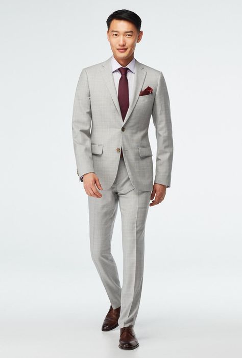 Grey Suit Burgundy Tie, Grey Suit With Burgundy Tie, Grey Suit With Burgundy, Light Grey Suit Men, Grey Suit Combinations, Light Grey Suit, Groom Tuxedo Wedding, Groom's Suit, Grey Suits