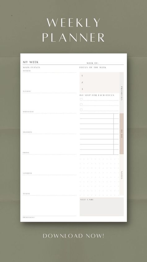 This weekly planner consists with main events column for each day of week. On the right side you have weekly focus, to do and notes sections. Planner Free Download, Free Weekly Planner Templates, Minimalist Weekly Planner, Weekly Planner Design, Simple Weekly Planner, Weekly Planner Free Printable, Kalender Design, Weekly Planner Free, Planner Writing