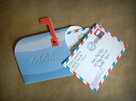 Mail Theme Birthday Party Ideas | Photo 13 of 20 | Catch My Party Office Retirement Party, Letter Decoration Ideas, Birthday Mail, Office Birthday Party, Retirement Party Favors, Postman Pat, Retirement Invitation, Retirement Invitations, Going Postal