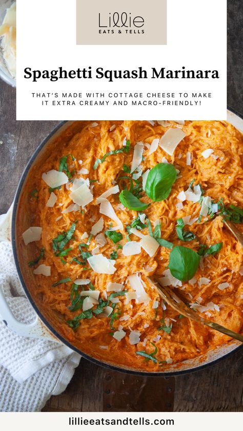 Spaghetti Squash With Cottage Cheese, Cottage Cheese Spaghetti Squash, Spaghetti Squash Cottage Cheese, Spaghetti Squash Recipes High Protein, High Protein Spaghetti Squash Recipes, Cottage Cheese Spaghetti, Spaghetti Squash Marinara, Cheese Spaghetti Squash, Lillie Eats And Tells