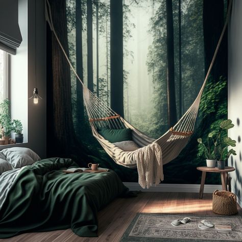 Concrete Patio Under Deck, Forest Aesthetic Bedroom, Forest Inspired Bedroom, Forest Bedroom Aesthetic, Forest Theme Bedroom, Woodsy Bedroom, Forest Bedroom Ideas, Forest Green Bedrooms, Forest Themed Bedroom