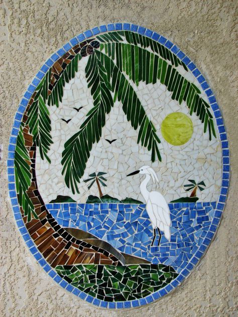 White Egret and Palm Tree Mosaic 33"x26" Palm Tree Mosaic, Tropical Quilts, Mosaic Art Supplies, Landscape Mosaic, Tree Mosaic, White Egret, Mosaic Birds, Mosaic Art Projects, Glass Mosaic Art