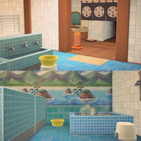 Acnh Public Bathroom, Acnh Bathhouse, Whale Fall, Cute Bathroom Ideas, Animal Crossing Funny, Happy Home Designer, Animal Crossing Wild World, Acnh Ideas, Acnh Inspo