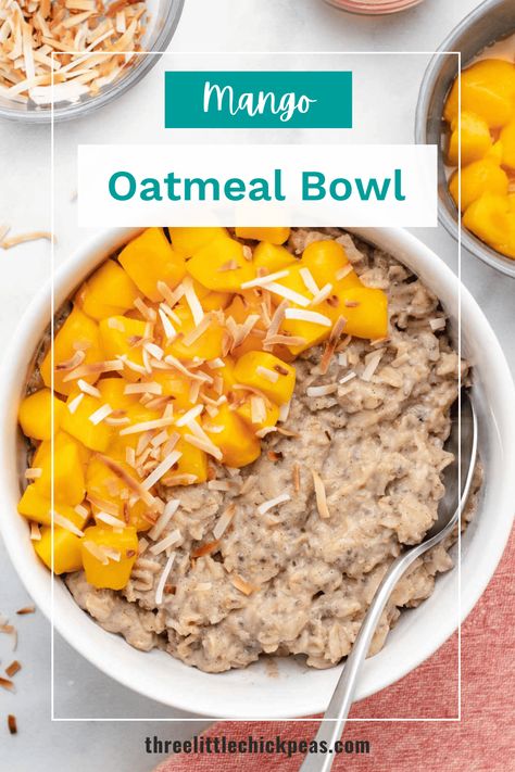 Mango oatmeal for a quick and easy breakfast. The plant-based breakfast is packed with whole grains, chia seeds, and sweet tropical fruit. Mango Oatmeal, Oatmeal Bowls, Plant Based Breakfast, Whole Grains, Quick And Easy Breakfast, Tropical Fruit, Chia Seeds, Easy Breakfast, Chia