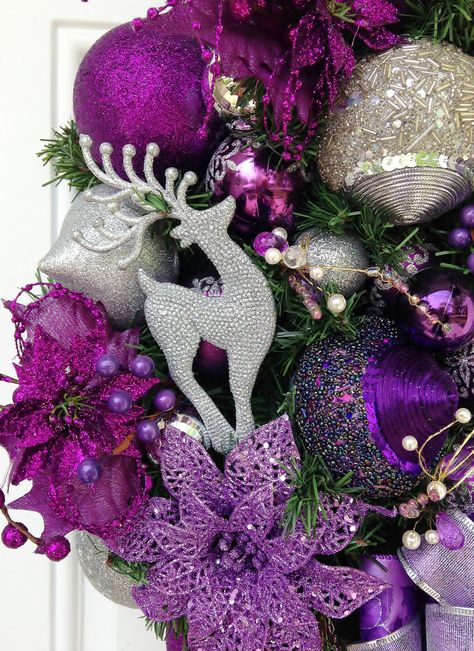 Purple Silver Christmas, Purple And Silver Christmas, Purple Christmas Wreath, Silver Christmas Wreath, Purple Berries, Purple Wreath, Purple Decor, Purple And Silver, Purple Christmas