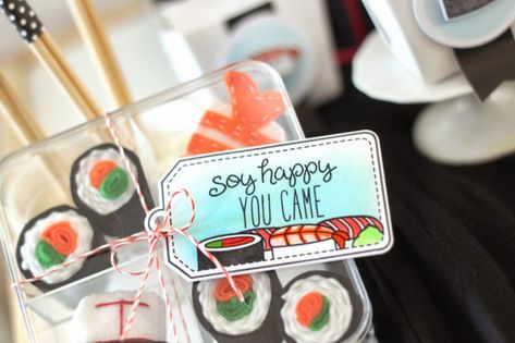 A Sushi Party by Elena! - Lawn Fawn Sushi Themed Party, Sushi Dinner Party, Japanese Buffet, Sushi For Kids, Dinner Party Favors, Candy Sushi, Japanese Party, Sushi Dinner, Japanese Birthday