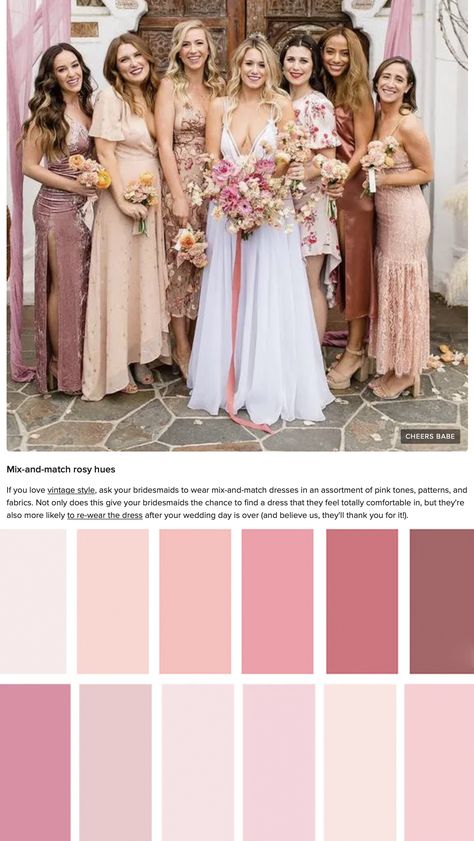 Mismatched Bridesmaid Dresses Rose, Bridesmaid Dress Colour Palette, Blush Mixed Bridesmaid Dresses, Desert Pink Bridesmaid Dresses, Bridesmaids Pink Shades, Shades Of Blush Bridesmaid Dresses, Pink Palette Bridesmaid Dresses, Different Shade Pink Bridesmaid Dresses, Blush Pink Mix And Match Bridesmaids