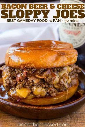 Bacon, Beer and Cheese Sloppy Joes are the perfect gameday food for a crowd with a Guinness sauce and sharp cheddar cheese filling. #bacon #beer #cheese #sloppyjoes #dinnerthendessert #weeknightmeals #gameday Cheese Sloppy Joes, Gameday Food, Beer Bacon, Sloppy Joes Recipe, Sloppy Joe, Supper Recipes, God Mat, Football Food, Sharp Cheddar