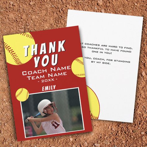 Thank you Coach Red Softball Photo Card Softball Photos, Free Birthday Invitations, Free Birthday Invitation Templates, Photo Card, Free Birthday Stuff, Gift Wrapping Supplies, Softball, Photo Cards, Craft Party