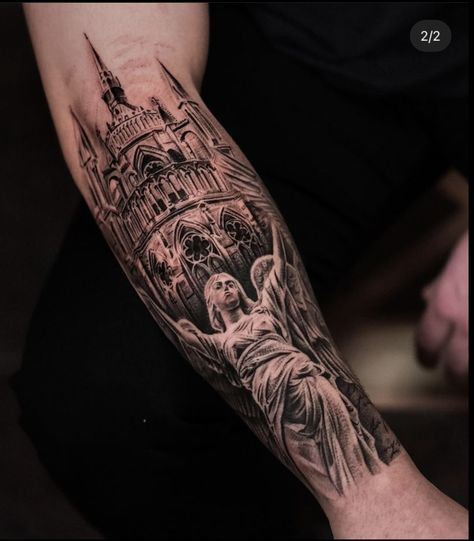 Christian Realism Tattoo, Catholic Sleeve Tattoo, Gothic Christian Tattoo, Angel Sleeve Tattoo Mens, Masculinity Tattoos, Gothic Church Tattoo, Mexican Sleeve Tattoo, Jesus Sleeve Tattoo, Orthodox Cross Tattoo