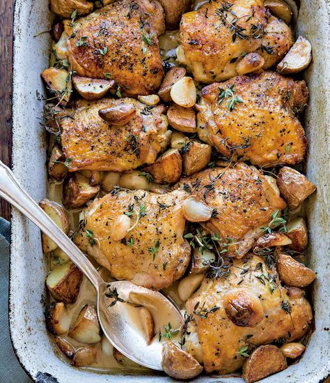 Chicken with 40 Cloves of Garlic Recipe | Williams-Sonoma 40 Clove Garlic Chicken, Quick Family Meals, Chicken And Potatoes, Garlic Recipes, Jerk Chicken, Garlic Chicken, Poultry Recipes, Casserole Dish, Williams Sonoma