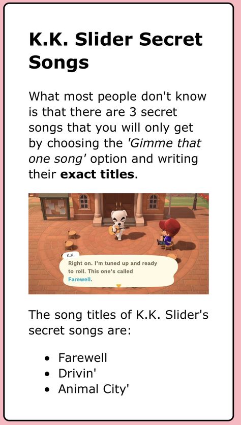 Secret Kk Songs, Animal Crossing Secret Songs, Kk Secret Songs, Acnh Kk Slider Song List, Animal Crossing Music Ideas, Acnh Kk Secret Songs, K K Slider Secret Songs, Animal Crossing Kk Slider Secret Songs, Kk Slider Secret Songs