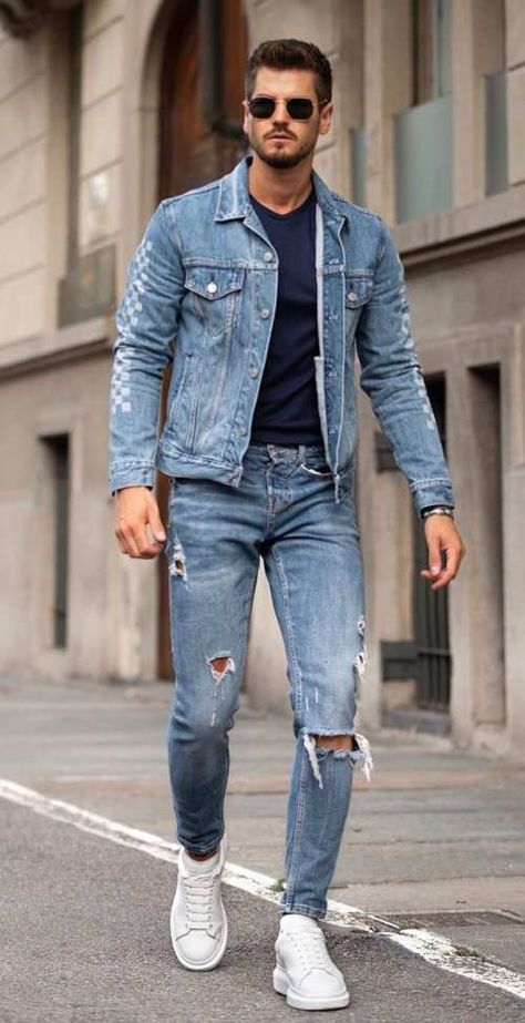 Denim On Denim Outfit Men, Men Denim Outfit, Denim Jeans Outfit Men, All Denim Outfits, Kemeja Denim, Double Denim Outfit, Denim Pants Outfit, Mens Fall Outfits, Denim Outfit Men