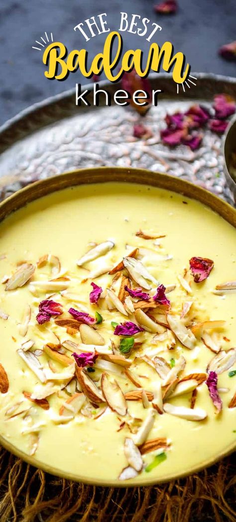 Almond Kheer or Badam Kheer is a delicious Indian dessert where milk is cooked with almond paste and saffron. Make it for festivities for your house party, it will please everyone. Badam Kheer, Kheer Recipe, Spicy Snacks Recipes, Breakfast Recipes Indian, Indian Dessert, Tastemade Recipes, Sweet Dishes Recipes, Vegetarian Snacks Recipes, Almond Paste