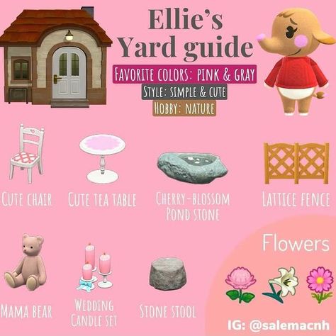 Julia 🌻 on Instagram: “Ellie's yard guide!!! Do you have her on your island?? Made by @salemacnh ⠀⠀⠀⠀⠀⠀____________________________________ ⠀⠀⠀⠀⠀ ⠀⠀⠀⠀⠀⠀⠀⠀⠀⠀⠀⠀…” Raining Meatballs, Acnh Guide, Villager House, Acnh Yard, Acnh Inspiration, Acnh Cottagecore, Animals Crossing, Animal Crossing Funny, Wedding Stone