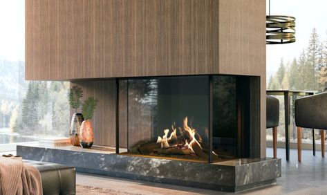 55-1/4" W MatriX Gas Fireplace | 3-sided Fireplace 3 Sided, Japanese Fireplace, Luxurious Fireplace, Real Fireplace, Fireplace Modern Design, Luxury Fireplace, Direct Vent Gas Fireplace, Fireplace Logs, Double Sided Fireplace