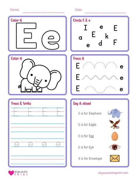 Letter E Worksheet, E Worksheet, Worksheet For Preschool, Free Printable Alphabet, Printable Alphabet Letters, Free Printable Letters, Printable Alphabet, Homeschool Kids, Color Circle