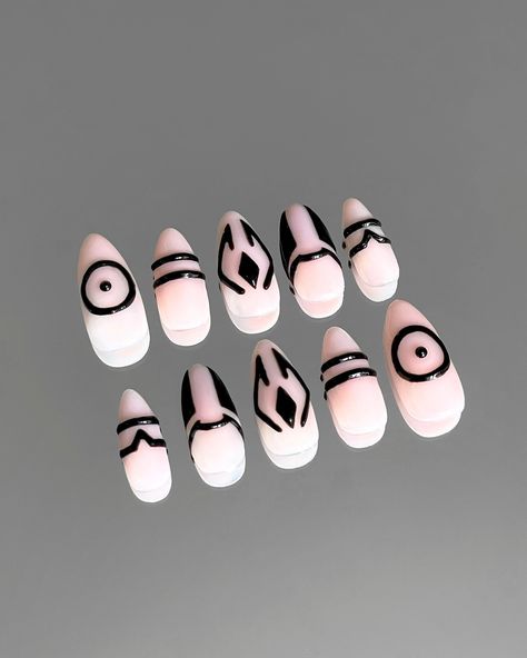 Sukuna-inspired press-on nail set!⛧🖤🩸⛧ When Zahra asked me to create these Sukuna-inspired nails, I was so excited to bring her vision to life! The intricate black tattoo designs from Jujutsu Kaisen are recreated with bold, precise lines and fun 3D accents, adding extra depth and dimension. These medium-length almond nails capture Sukuna’s signature look while staying wearable and stylish. Perfect for any anime fan wanting to add a bold, edgy vibe to their look! • • #pressonnails #jujutsukais... Sukuna Nails Design, Jujutsu Kaisen Nails Design, Anime Nail Art Designs, Anime Nails Designs, Anime Nail Designs, Jujutsu Kaisen Nails, Sukuna Nails, Jujutsu Kaisen Tattoo, Anime Inspired Nails