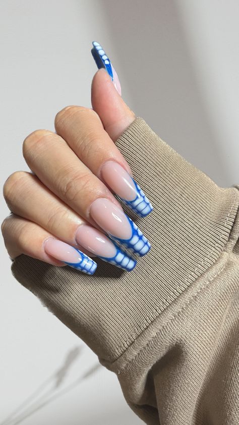 Long square nails with blue french tips amd white croc print, blooming gel, gel extensions, aesthetic Blue Croc Print Nails, Blooming Gel French Tip, Croc Print French Tip Nails, Extensions Aesthetic, Square Nails Blue, Croc Print Nails, Gel French Tips, Nails With Blue, Blue Frenchie