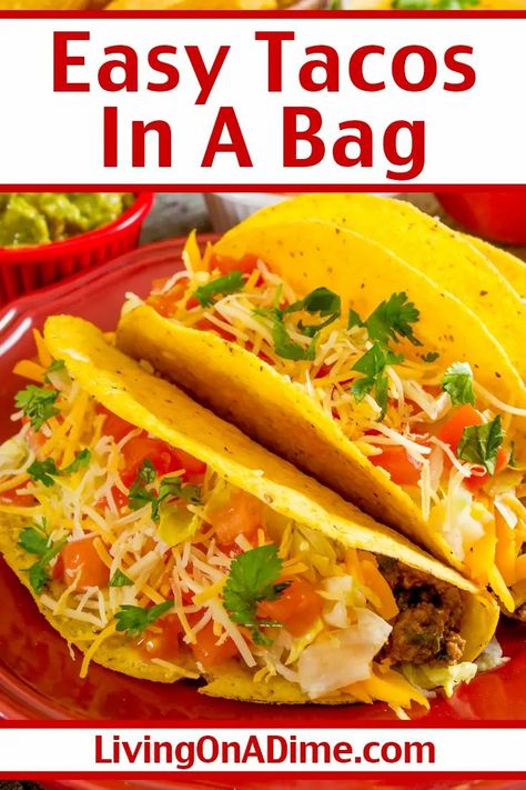 This easy tacos in a bag recipe makes about the easiest "tacos" ever. They are handy for so many different occasions including parties and picnics. Tacos In A Bag, Nachos Guacamole, Easy Tacos, Taco In A Bag, Living On A Dime, Mexican Nachos, Gourmet Tacos, Quick And Easy Meals, Easy Taco