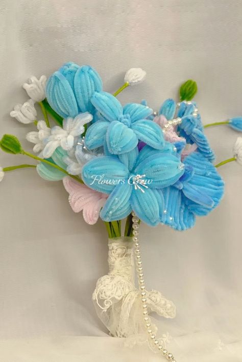 blue wedding bouquet Crafts Pipe Cleaners, Fuzzy Wire, Blue Wedding Theme, Lilies Of The Valley, Bridal Wedding Bouquet, Diy Ribbon Flowers, Blue Wedding Bouquet, Diy Pipe, Unique Bouquet