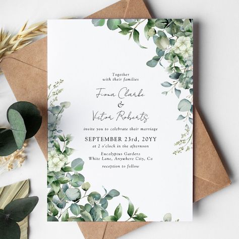 Eucalyptus Greenery Wedding Invitations with an elegant wedding template that is easy customize. Wedding Planning Checklist Detailed, Wedding Invitation Layout, Greenery Invitation, Eucalyptus Wedding Invitation, Green Themed Wedding, Cat Wedding, Eucalyptus Greenery, Greenery Wedding Invitations, Classic Wedding Invitations