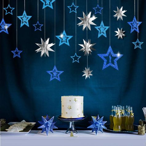 Starry Party, Eid Banner, Planet Party, Silver Party Decorations, Happy Birthday Decor, Silver Christmas Decorations, Hanging Stars, Silver Party, 3d Star